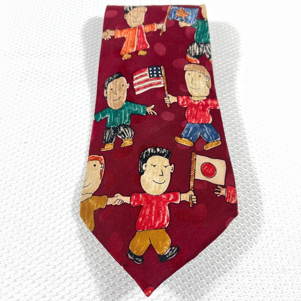 Renaissance Handmade Silk Tie Burgundy Red Children Around the World Novelty